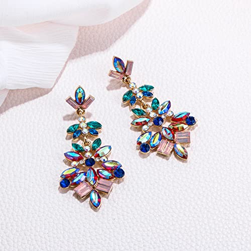 Elequeen Fashion Vintage Style Statement Drop Dangle Earrings Marquise Square Cluster Art Deco Crystal Earrings For Women Girls Multicolor Gold-Tone #TOP3
