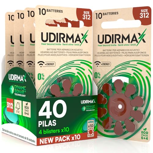 40 Pilas para Audífonos PR41 Tamaño 312 (Marrones) Udirmax Zinc-Aire 0% Mercurio 1,45V con Tecnología Dynamic Sonar Eco Pack - 4 Blísteres Ecológicos de 10 Pilas