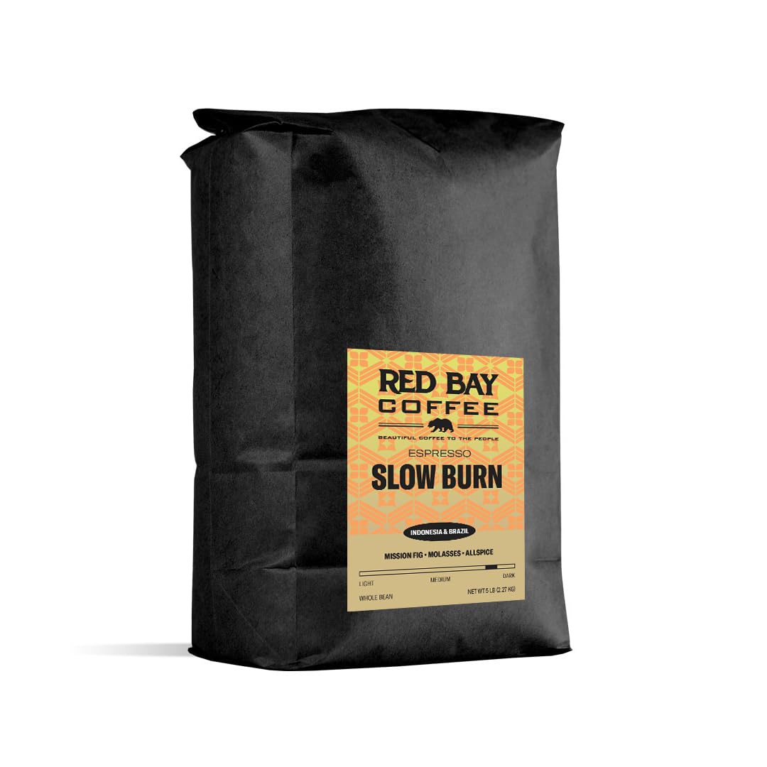 Red Bay Coffee Slow Burn Espresso Coffee Beans - Dark Roast Coffee Beans - Whole Bean Coffee - Blend of Brazilian Coffee & Sumatra Coffee Beans - 5 LB Resealable bag of Whole Bean Coffee