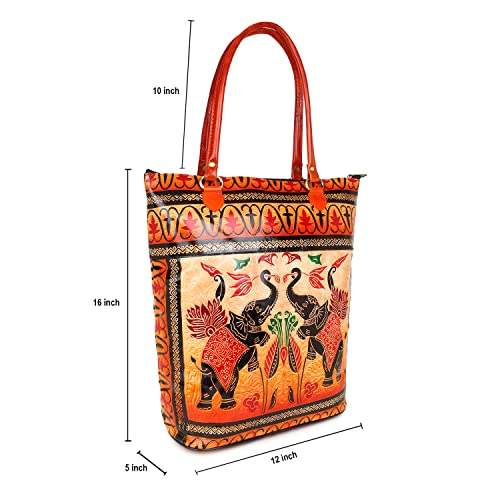 Twin Royal Elephants Design Ethnic Hand Embossed Shantiniketan Leather Indian Shopping Bag 5