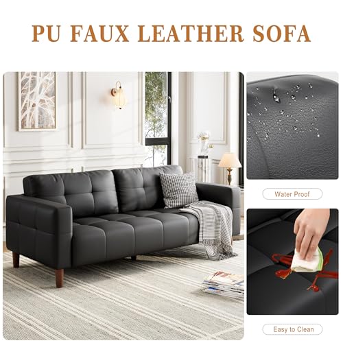 Image of IDEALHOUSE 83 inch Black Faux Leather Couch, 3 Seater Sofa Couches