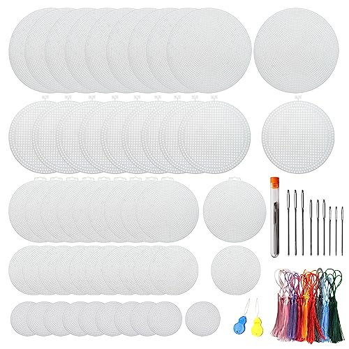 Image of Allazone 58 PCS Mesh Plastic Canvas Sheets 5 Size Round Clear Plastic Canvas for DIY Crafts Embroidery Cross Stitch, Acrylic Yarn Crafting, Knit and Crochet Projects