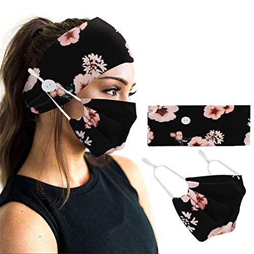 2Pcs Button Headband and Mask for Women Turban Soft Yoga Sports Elastic Hair Fashion Hair Band with Mask for Nurse Mask Headband with Buttons (Flowers)