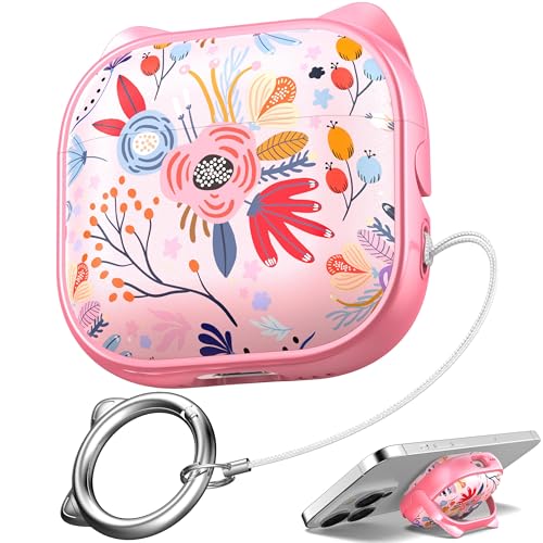 Image of for AirPods 4 Case with Cleaning Kit, Cute Cat Ear Print Design & Cute Buckle, Inverted Phone Holder Design, Top Safe Lock Buckle Design, for Girls AirPods 4 case 2024, Pink Flower