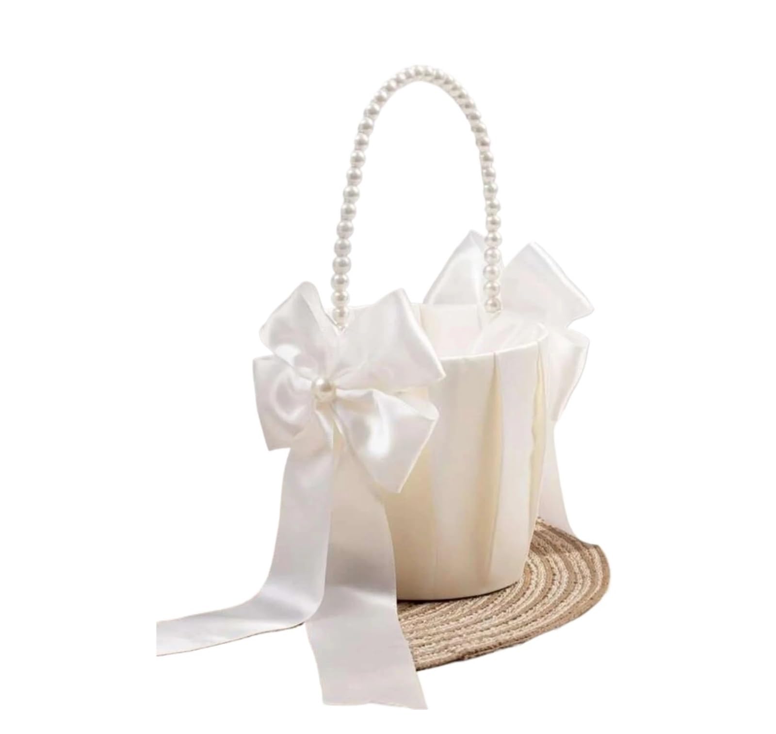 Wedding Petal Confetti Basket, White Pearl Handle Wedding Flower Basket