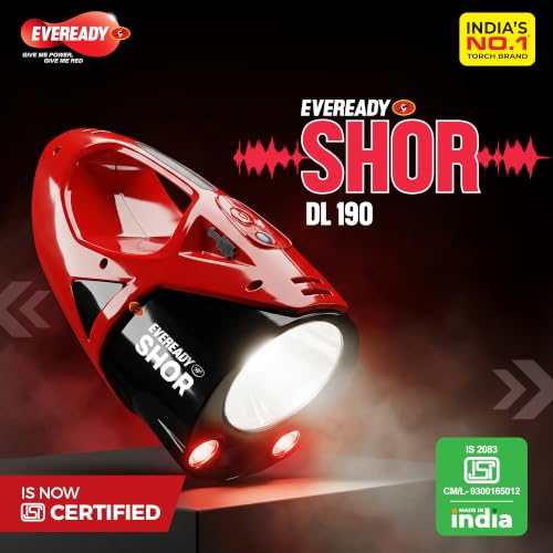 Image of EVEREADY Shor DL190, Commander Torch, 5W Front Light & 3W Sidelight, Rechargeable, USB Type-C Fast Charging, Light Strobe, 100 dBA Animal Alarm, Powered by Li-ion Battery