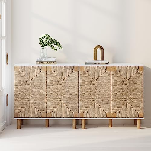 Image of Nathan James Beacon Accent Natural Sideboard Storage Cabinet TV Stand with Adjustable Interior Shelf and Seagrass Doors, for Hallway, Entryway or Dining Room, Light Brown /White, Set of 2