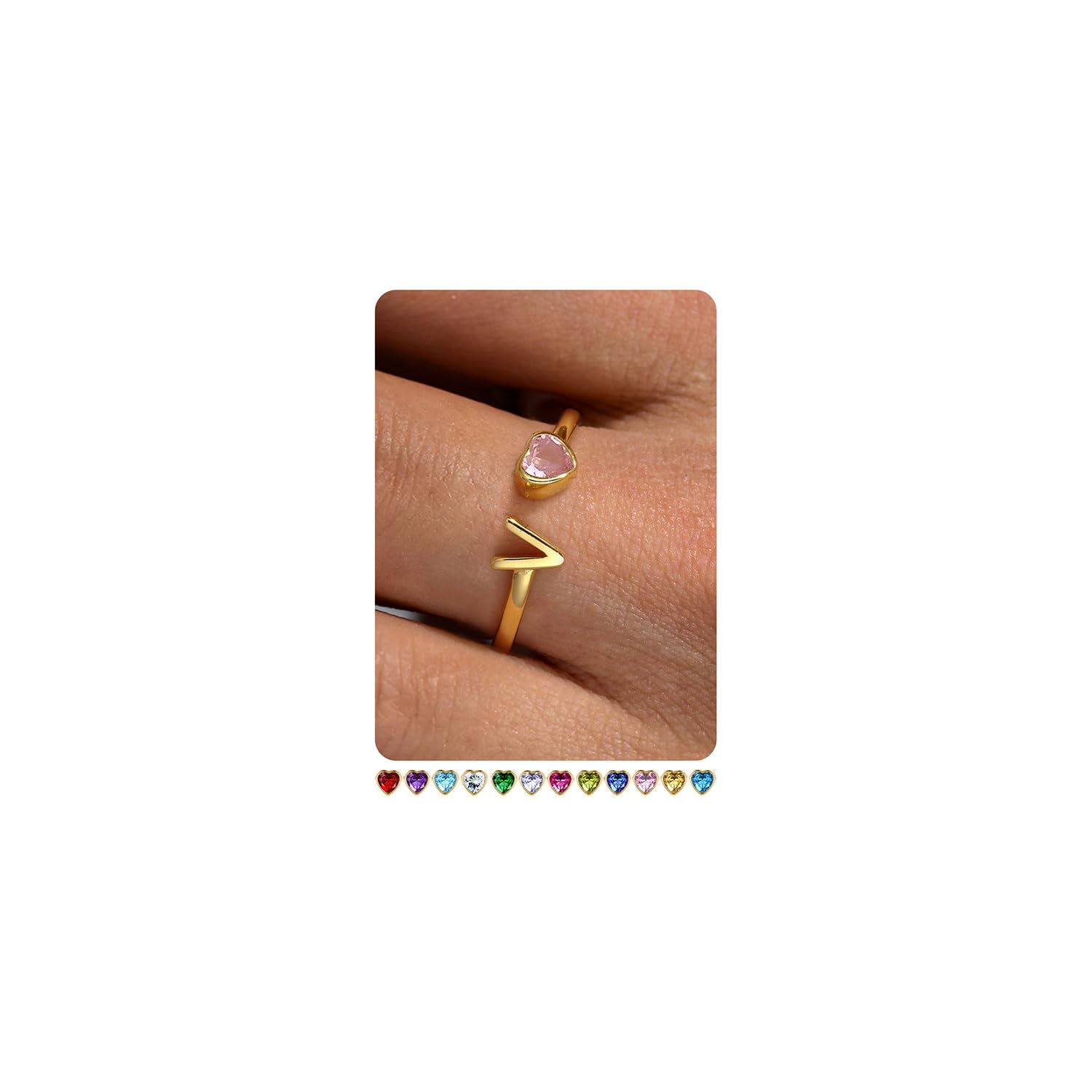 𝐒𝟗𝟐𝟓 Sterling Silver Initial Birthstone Rings for Women - 14K Gold Plated Initial Ring Adjustable Stackable Rings Dainty Heart Cubic Zirconia