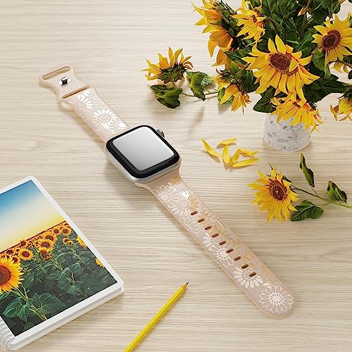 Image of Sunflower Engraved Band Compatible with Apple Watch Bands 38mm 40mm 41mm 42mm 44mm 45mm 49mm Women, Designer Soft Glossy Floral Silicone Strap for iWatch Series Ultra 11 10 9 8 7 6 SE 5 4 3 2 1
