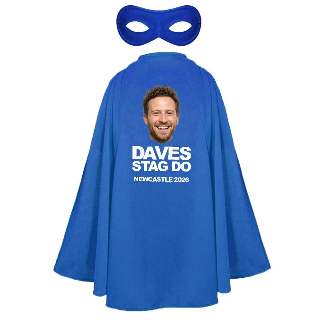 Adults Personalised Superhero Stag Costume - Pack of 3 - Long Blue Cape with Your Design on the Back, Matching Eyemask - Mens Stag Party Upload Your Own Design Customised Fancy Dress Outfit