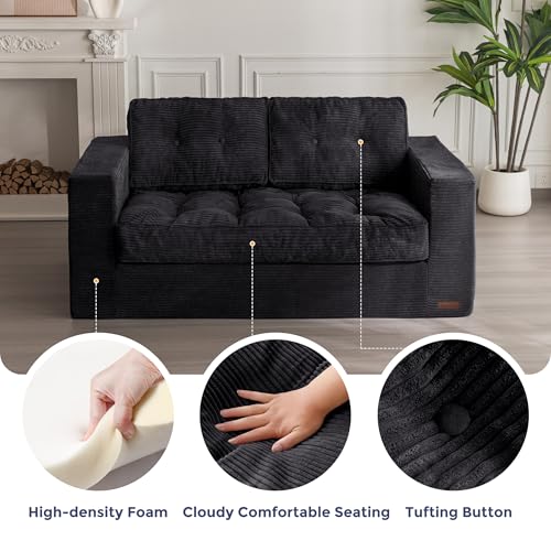 MAXYOYO Bean Bag Chair for Adults, Upholstered Floor Sofa with Armrests, Loveseat Boneless Couch with Tufted Cushion & Backrest, Sofa in A Box, Large Bean Bag Couch for Bedroom Living Room, Black