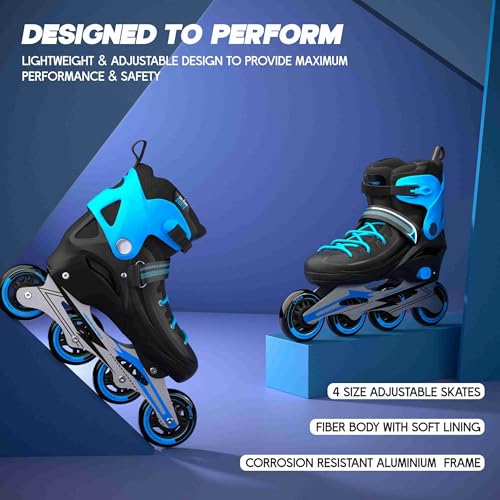 Image of Konex 4 Wheel Inline Skates for Boys,Girls & Youth | Adjustable PU Roller Skating Shoes with Corrosion Resistant Frame | Triple Safety with Buckle, Velcro Strap & Lace Up - Blue