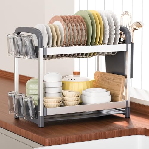 Orimade 2-Etagen Abtropfhalter, Geschirrabtropfgestell mit Besteckkorb, Aluminium