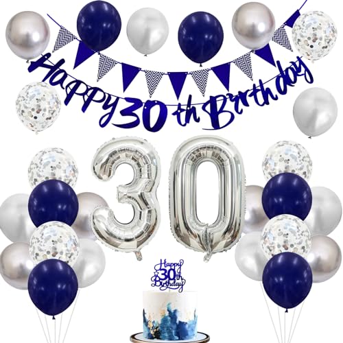 Image of 30th Birthday Decorations for Women Men, Happy 30th Birthday Banner with Blue Silver 30th Balloons Cake Topper Number 30 Foil Balloon for 30 Year Old Party Decoration