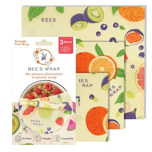 Product Image of the Bee's Wrap Beeswax Wraps for Food - 3 Pack of Assorted Beeswax Wraps - Small, Medium & Large Wrap - Plastic Free Made in USA Reusable Natural Food Wrap - Fresh Fruit Print