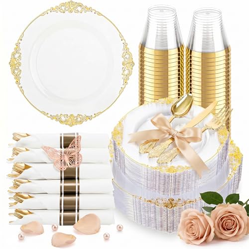Hioasis 175pcs Clear and Gold Plastic Plates - Elegant Disposable Dinnerware Set Suitable for 25 Guests Include 10.25