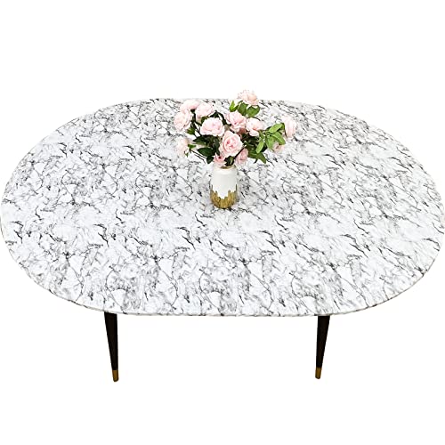 LIBERECOO Oval Tablecloth Vinyl Fitted Elastic Edge with Flannel Backing - Fits 48 x 68 Inch Oval Table - White Marble Pattern - Waterproof Wipeable Table Cover by LIBERECOO - Used condition - US$15.35