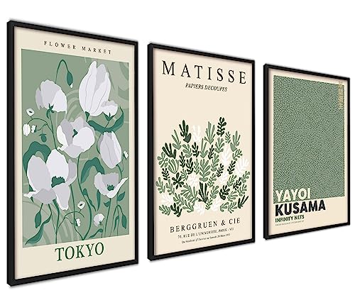 ag.art deco Quadri Moderni Soggiorno con Cornice Nera 50x70 cm | Poster da Parete | Quadri Camera da Letto o il Soggiorno | Set di 3 Stampe da Parete (Fiori Matisse)