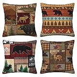 pop-belief 4PCS Square Throw Pillow Covers,18'x18' Country Style Farmhouse Lodge Bear Moose Deer Decorative Cushion Covers Case for Bed Sofa Couch Home Decor