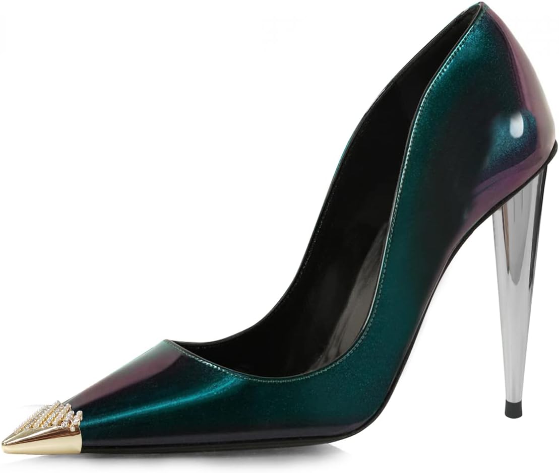 FSJ Women Cone High Heel Pumps Rhinestone Cap Pointed Toe Slip On Fashion Banquet Party Outfit Dress Shoes Size 4-15 US