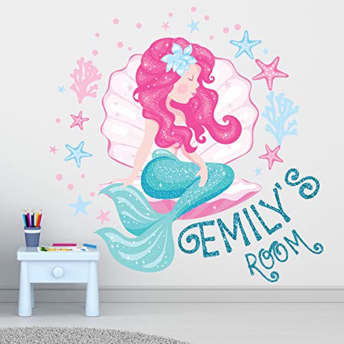 Kyle Cornhole Little Mermaid Wall Decal Decor For Girls Bedroom - Large Tail Stickers Room Custom Name Pink Art Nursery Ka1697, Green,Pink #TOP4