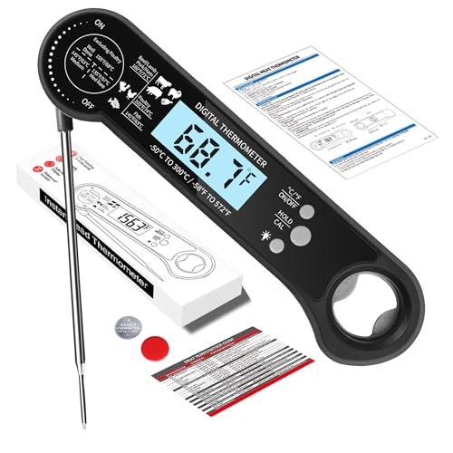 Instant Read Meat Thermometer with LCD Backlight, Waterproof Candy Thermometer and Food Thermometer for Cooking, Foldable Probe Meat Thermometer Digital for Grilling Baking Frying (Black)