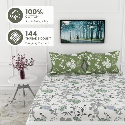 Image of LORETO - A QUALITY LINEN BRAND 144 TC 100% Pure Cotton Double /Queen Fitted Bedsheet with 2 Pillow Covers for 72 x 60 Inch Mattress, All-Around Elastic, 8 Inch Deep Pocket, Sage Green Floral Harmony