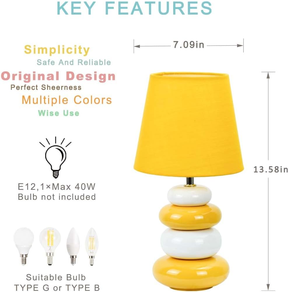 Lampwell Ange Yellow Small Table Lamp for Living Room as Bedside Table Lamp for Bedroom,Modern Ceramic Kids Night Table Lamp,Φ6.5×H12.44IN,Bulb Excluded