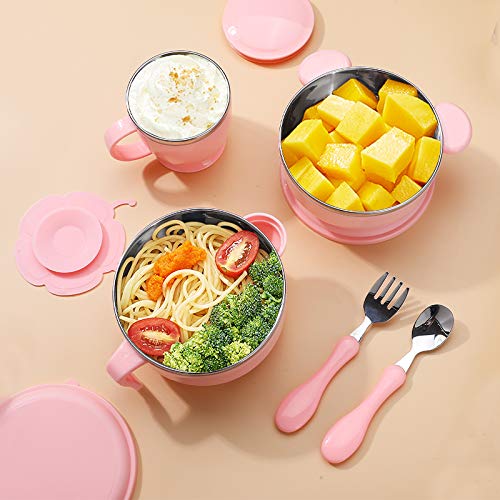 Children\'s Dinnerware Set, TOPBOOC Toddler Dinning Set,BPA Free Kids Tableware Include Bowl, Water Bottle, and Utensil Set Spoon and Fork(Pink) - Thumbnail 3