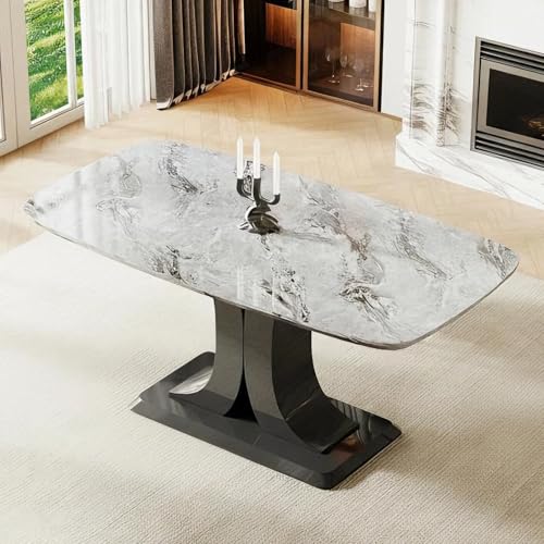 Btikita 63 Faux Marble Dining Table, Modern Rectangular Kitchen Table with 1.65 Thick MDF Tabletop, Rounded Corners, Stable Pedestal Base, Easy to Clean for Dining Room (Grey-CC, 63 inch)