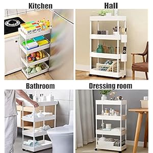 4 Tier Slim Rolling Utility Kitchen Cart Bathroom Organizer for Narrow Places Multipurpose Storage Shelve Mobile Trolley for Bedroom Laundry Office Restaurant Garage Pantry (White) 4 Tier Slim Rolling Utility Kitchen Cart Bathroom Organizer for Narrow Places Multipurpose Storage Shelve Mobile Trolley for Bedroom Laundry Office Restaurant Garage Pantry White