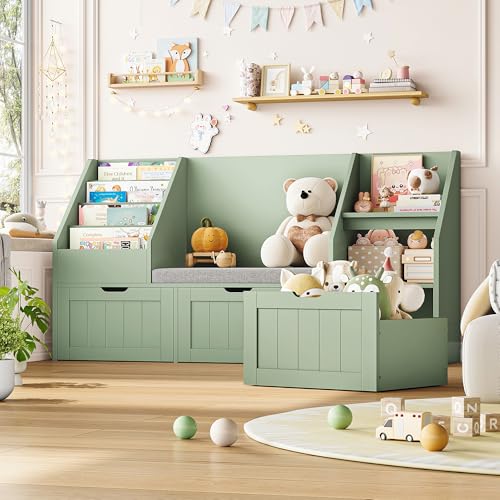 FOTOSOK 55.1’’ Kids Bookshelf with Reading Nook,...