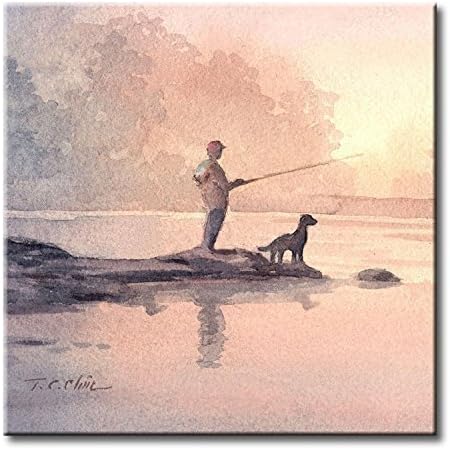 Man Fishing with His Dog Art Tile Print on Ceramic with Hook or with Feet Indoor Use -Fishing, Sunrise, Gift for Men