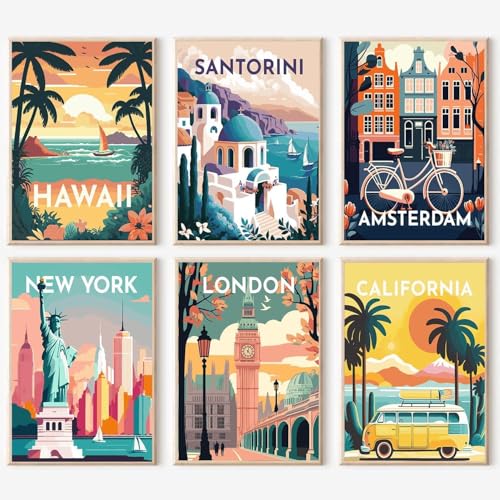 YALKIN Lot de 6 kits de peinture par numéros pour adultes, vue de la ville, peinture par numéros sur toile, sans cadre, peinture à l'huile acrylique, décoration murale d'intérieur, 20 x 30 cm