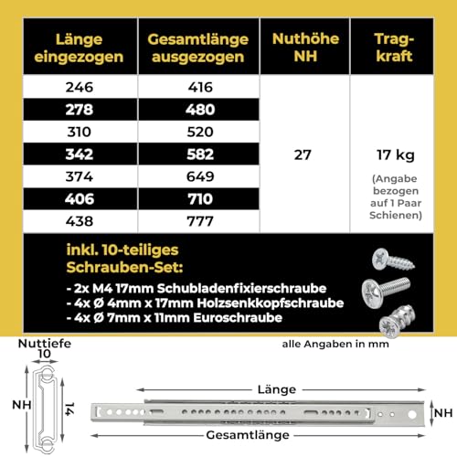 Neuhall Schubladenschienen 27mm Länge: 278mm (2 Stück) Stahl Schienen für Schubladen Teilauszug Schubladenauszug Kugelauszug Schubladen Schienensystem Auszugschienen inkl. Schraubenset