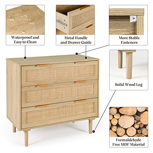 HOPUBUY 3 Drawer Dresser for Bedroom, Rattan Modern Closet Dressers Chest of Drawers, Wood Oak Storage Chest for Kids Bedroom, Hallway, Living Room - Image 6