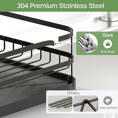 ROTTOGOON Dish Drying Rack, Stainless Steel Rustproof Dish Rack for Kitchen Counter, Sturdy Dish Drainer with Drainboard, Drainage, Utensil Holder for Various Kitchenware, 16.2"(L) x 12.6"(W), Black - Thumbnail 5