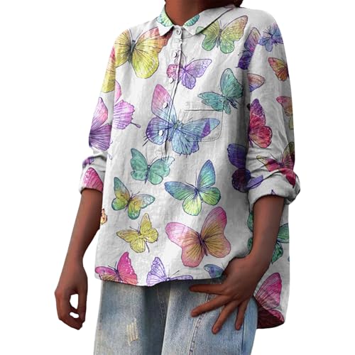 Vcimostclp Women's Button-Down Long Sleeve Shirts,Vintage Butterfly Print Loose Casual Shirts | X-Large Colorful Butterfly