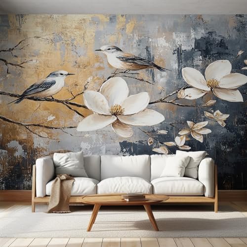 Papier Peint Gris et Blanc Motif Oiseaux Fleurs 400x280cm Intissé