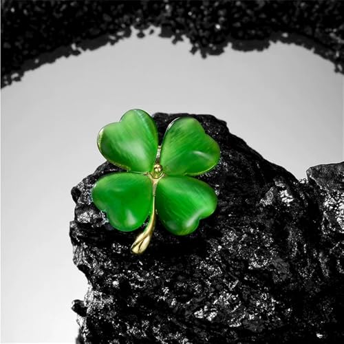 Image of Cats Eye Clover 4 Leaf Brooch Pin for Women Men Unisex Gold Plated Fashion Love Heart Shaped Flower Brooches Lapel Pins luck Decor Dress Accessories St Patrick's Day Birthday Holiday Jewelry Gift Souvenir