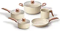 Oikos - Jogo com 5 Panelas Antiaderentes de Revestimento Cerâmica com Tampa de Vidro Terrara Bege com 5 Camadas para Fogão a Gás, Elétricos, Cerâmicos e Halogênio