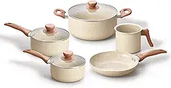 Oikos - Jogo com 5 Panelas Antiaderentes de Revestimento Cerâmica com Tampa de Vidro Terrara Bege com 5 Camadas para Fogão a Gás, Elétricos, Cerâmicos e Halogênio