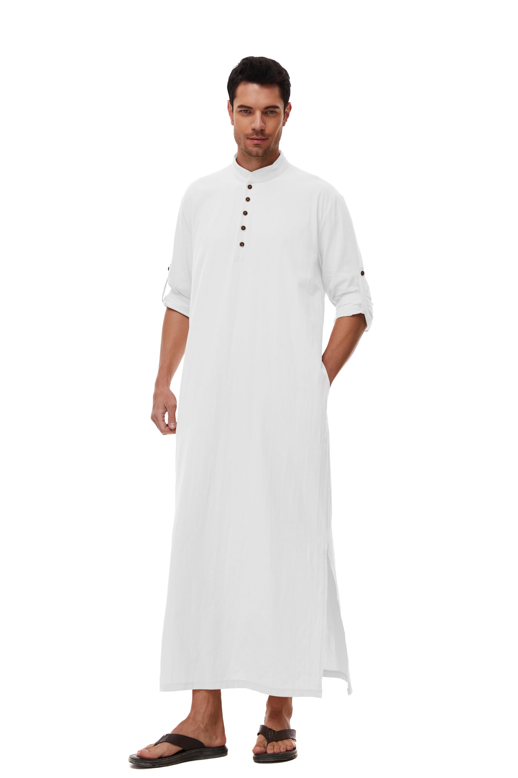 Herren Kaftan Langarm Freizeit Thobe Männer Lang mit Taschen Weiß L