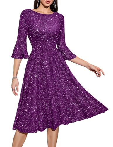 Image of HomRain Women's Church Dresses Modest Bell Sleeve Wedding Guest Cocktail Tea Party Vintage Evening Dress