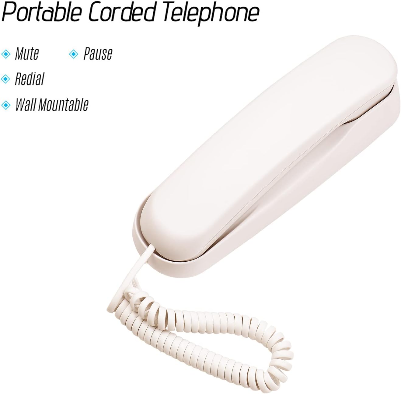 Image highlighting the Mute, Pause, Redial, and Wall Mountable features of the BISOFICE Corded Phone.