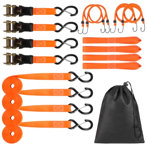 Tie Down Straps Ratchet Set, Ratchet Straps Heavy Duty 1500 LBS Break Strength Tie Downs, Ratchet Straps with S Hooks & Safety Clips, Soft Loops & Storage Bag for Motorcycle Trailer UTV Cargo