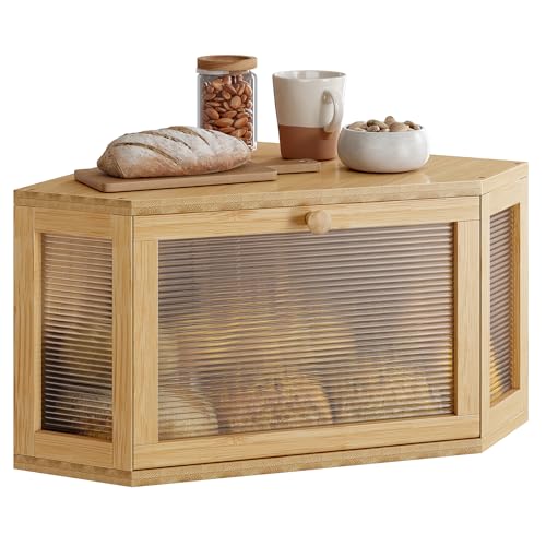 Image of WOWLIVE Corner Bread Box for Kitchen Countertop, Bamboo Bread Storage Container, Large Farmhouse Bread Holder with Acrylic Wavy Door Panel, Multi-functional Container, Natural