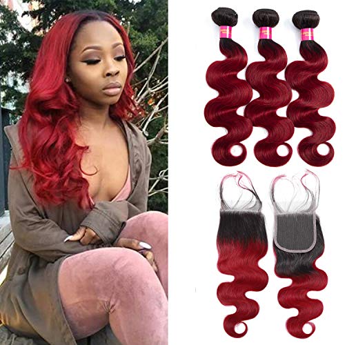 Aigemei Brazilian Ombre Hair 3 Bundles 300 gram 16"18"20" & Closure 14" Ombre Hair Extensions Black To Red Body & Lace Closure Natural Virgin 100% (Ombre 1B/Burgundy)