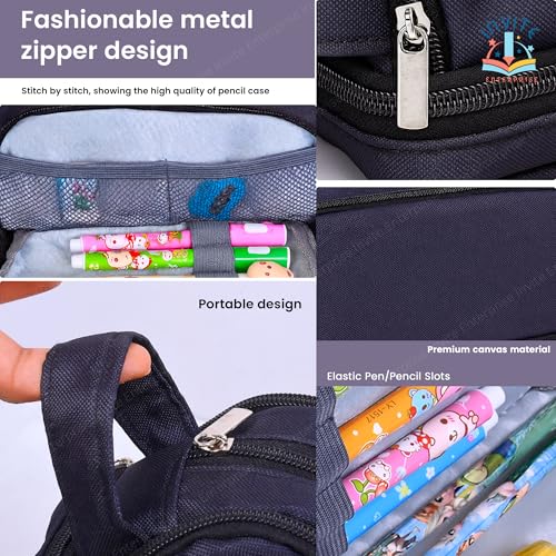 Image of Large Capacity 4 Compartment Pencil Case with Handle | Aesthetic School Pouch for Girls & Boys | Blue Space Eraser Included | Stationery Organizer for School, College & Office(Black Pouch + Eraser)