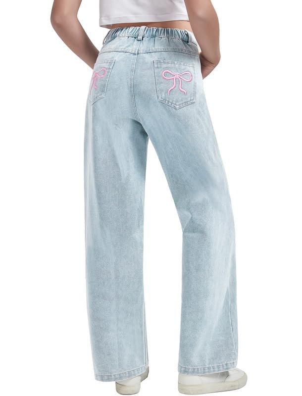 EXARUS Girls Wide Leg/Flare Jeans Bow Embroidery/Leopard Print Denim Pants with Pockets Casual for Kids 6-14Y